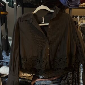 Free people brown cropped Lace Hem Button down